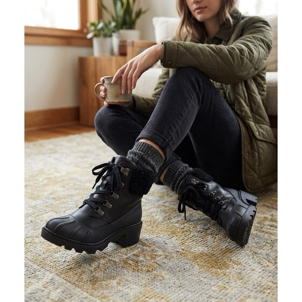 Chunky Block Heel Duck Boots, Black winter snow Women's size 6 Memory Foam